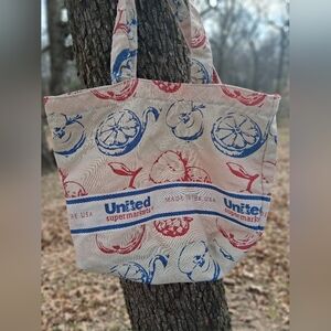 Cream Tote Bag with Red and Blue Print